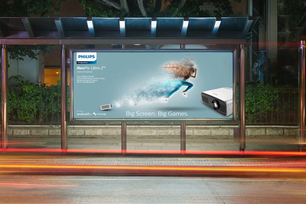 Philips x Olympics, Affiche du coureur dans un abribus de nuit