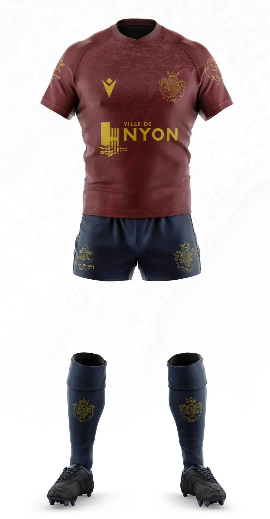 Tenue rouge de la première équipe, avec short et chaussettes bleu nuit