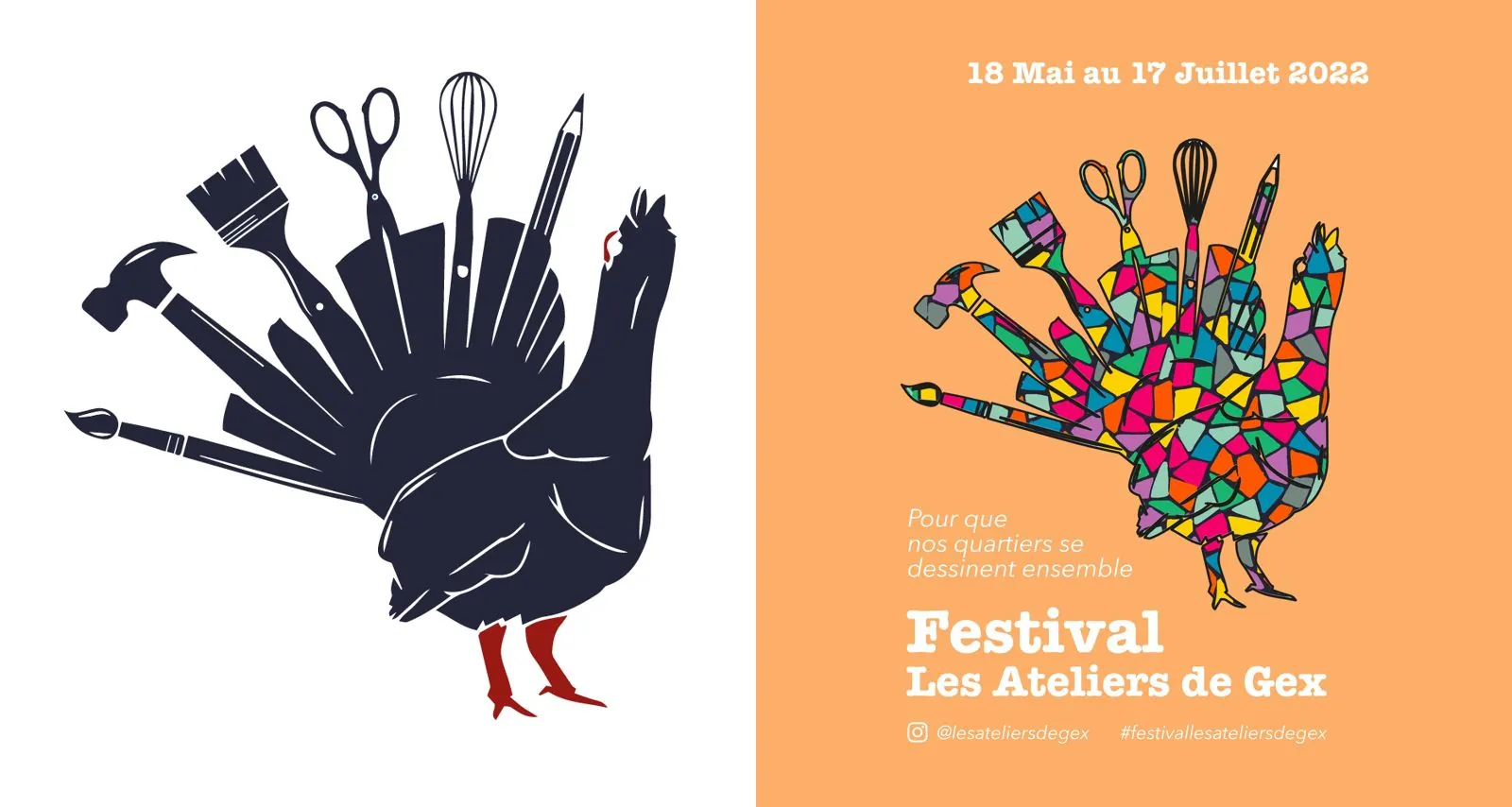 Logo des Ateliers de Gex, un grand tétras dont la queue est faite d'outils, et l'affiche du festival 2022 où il devient une mosaïque colorée