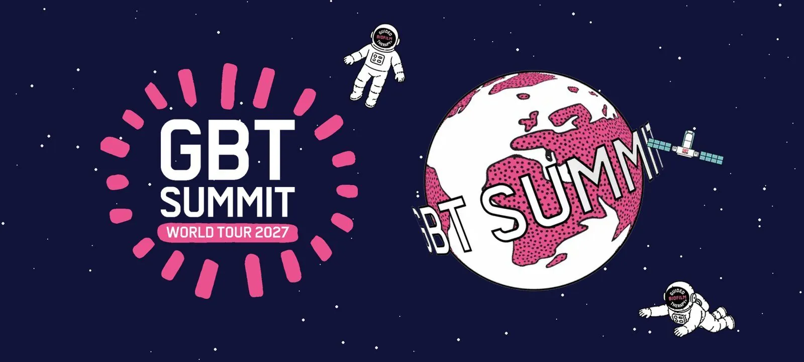 Le Soleil, logo du GBT Summit World Tour 2027, à côté du Globe et de deux astronautes dans l'espace